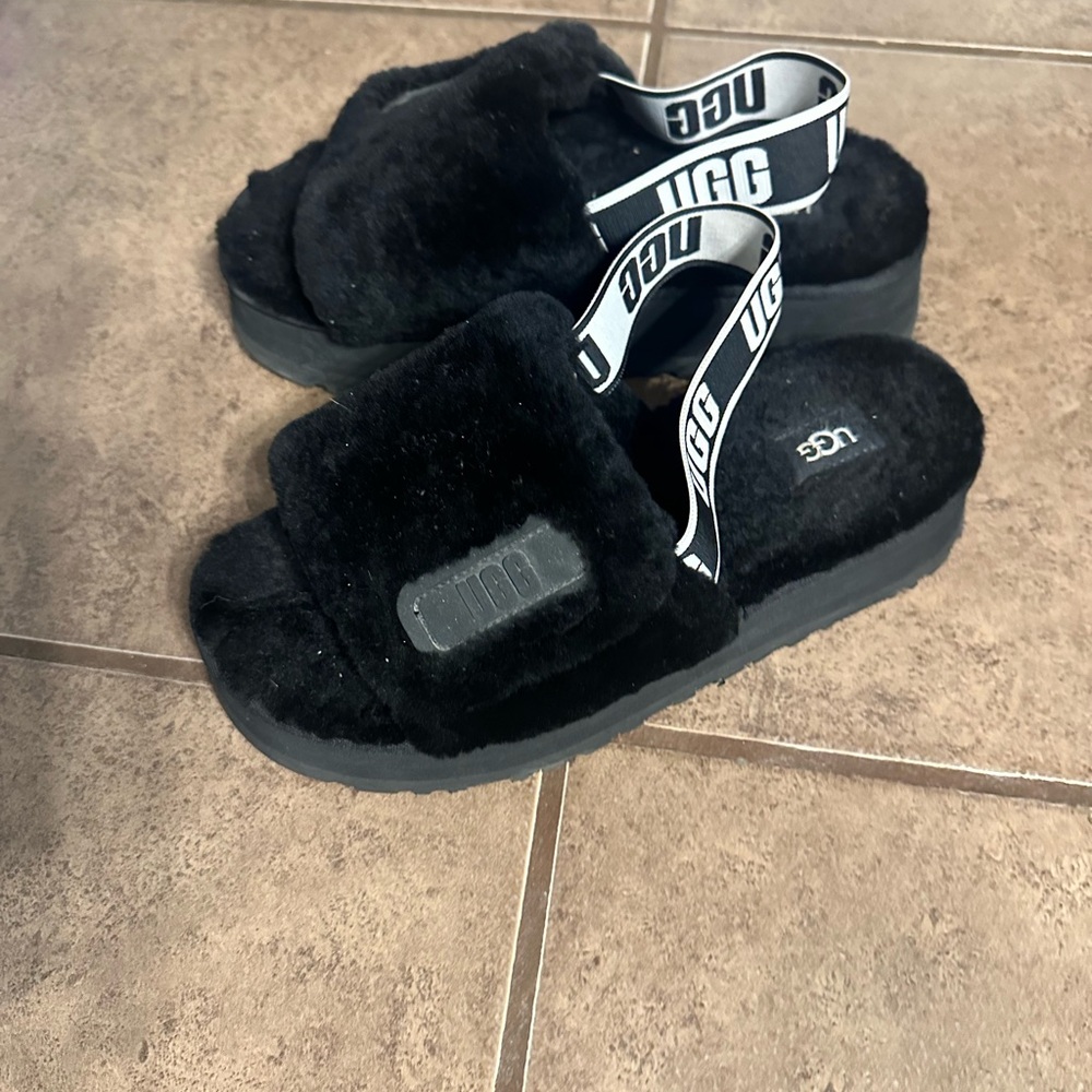 UGG Black Fluffy Slide Sandals with Logo Strap